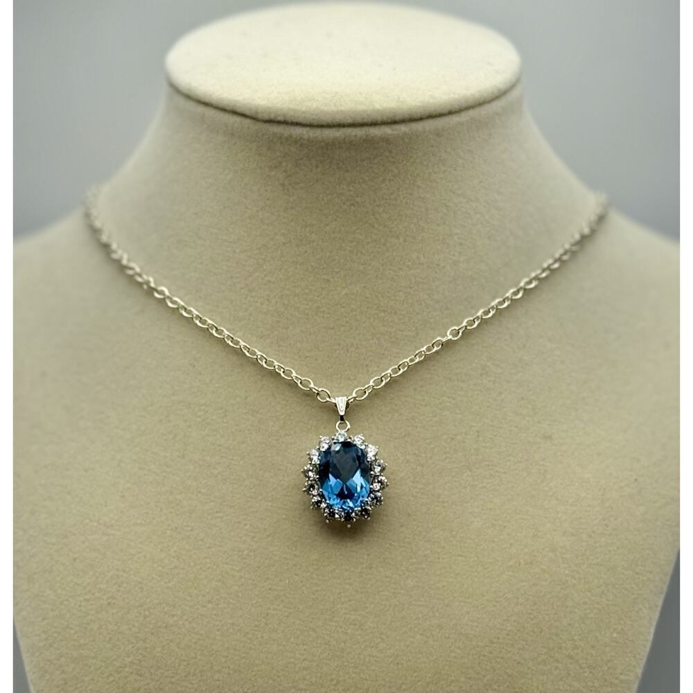 Gorgeous Blue Topaz Pendant With Zircon Halo Set In Sterling Silver Handmade